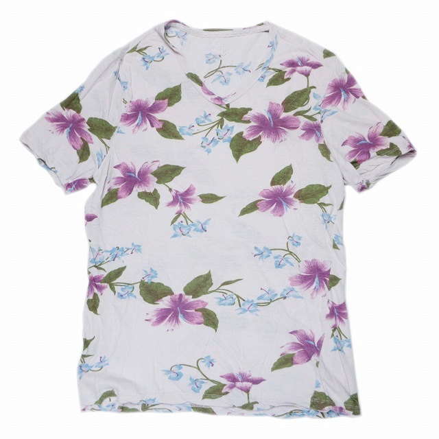 120%lino120%lino flower print T-shirt V neck short sleeves cotton × flax cut and sewn floral print thin tops M lavender /6 lady's 