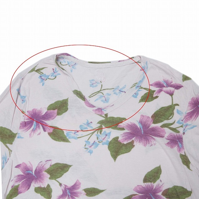 120%lino120%lino flower print T-shirt V neck short sleeves cotton × flax cut and sewn floral print thin tops M lavender /6 lady's 