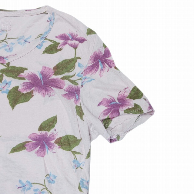 120%lino120%lino flower print T-shirt V neck short sleeves cotton × flax cut and sewn floral print thin tops M lavender /6 lady's 