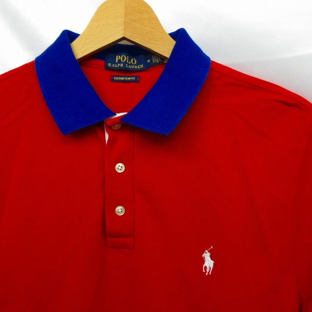 ポロ ラルフローレン POLO RALPH LAUREN 近年モデル 美品 ポロシャツ 鹿の子 色切替 国内正規 半袖 赤 レッド ブルー M メンズ_画像4