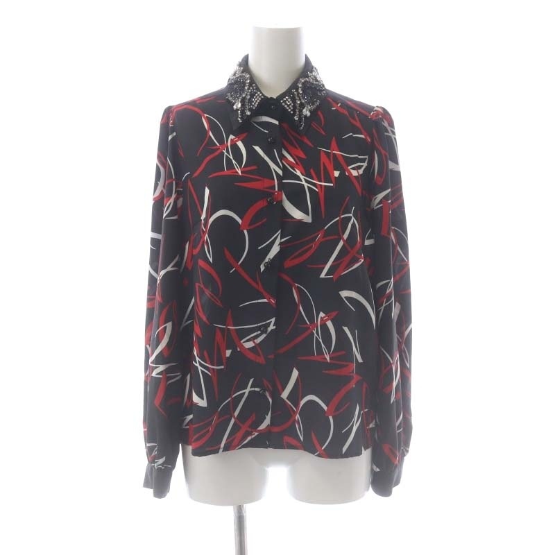 未使用品 ダイアグラム グレースコンチネンタル 23AW アートプリント シャツ ブラウス 長袖 ビジュー装飾衿 36 黒 白 赤 ■OS レディース
