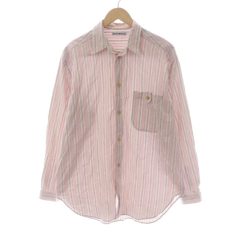 エンポリオアルマーニ EMPORIO ARMANI ワイシャツ レギュラーカラー 長袖 ストライプ L ピンク 白 ホワイト グレー /SI11 メンズ_画像1