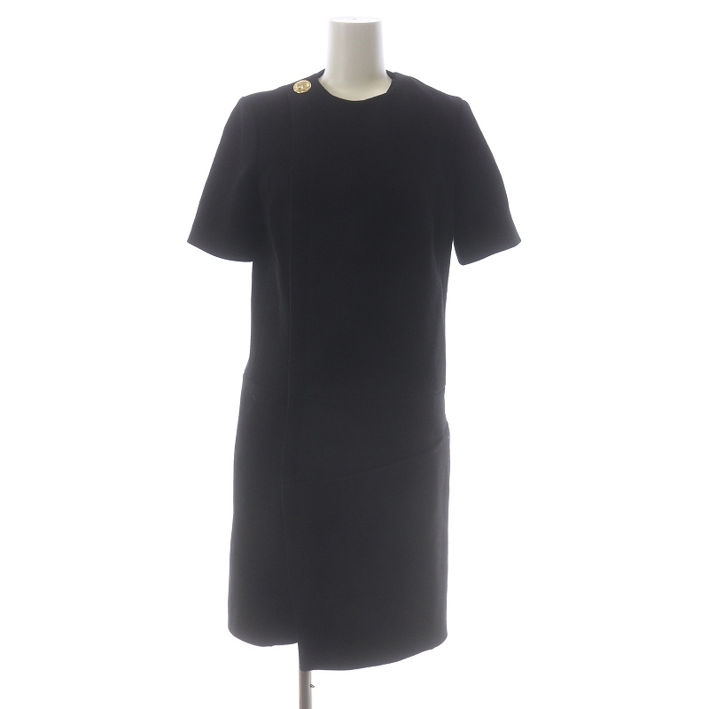  Balenciaga BALENCIAGA LAP One-piece knee height U neck short sleeves gold button hanger attaching wool silk .XXS black 436505 TKK19 /SI17