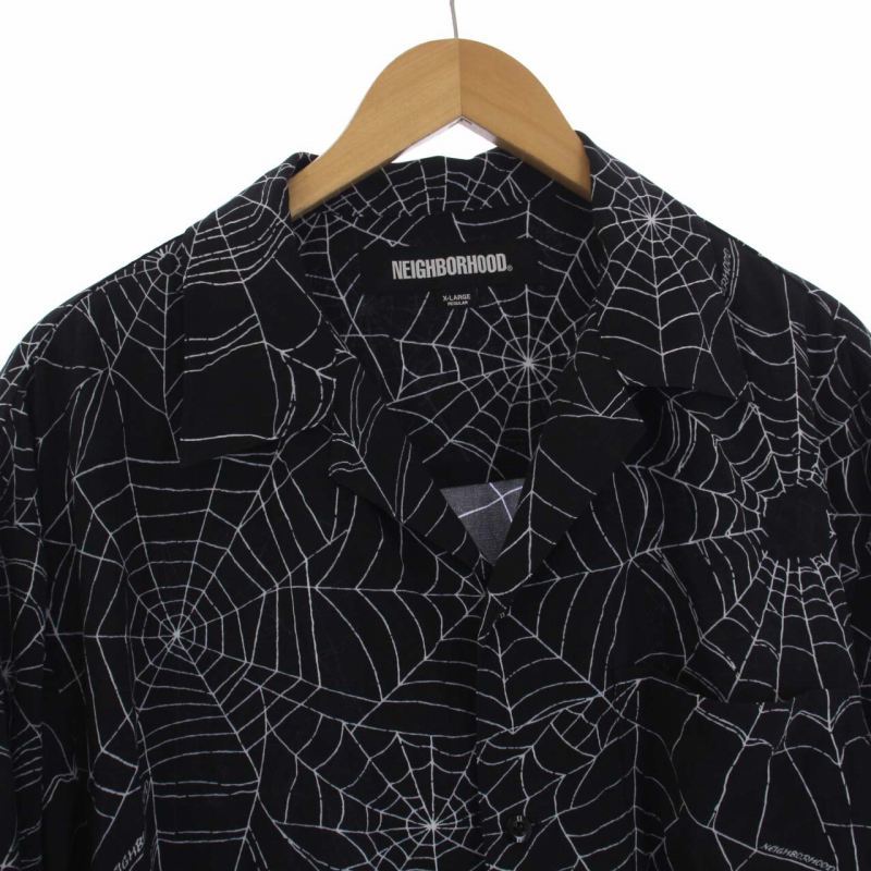 NEIGHBORHOOD SPIDERWEB HAWAIIAN SHIRT ハワイアンシャツ アロハシャツ オープンカラー 半袖 総柄 XL 黒 ブラック 231TSNH-SHM08_画像4