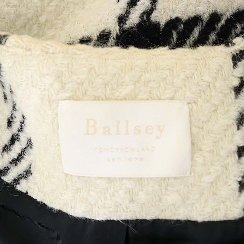  Ballsey Tomorrowland wool rayon nylon check no color coat outer long total lining snap-button 36 ivory black 