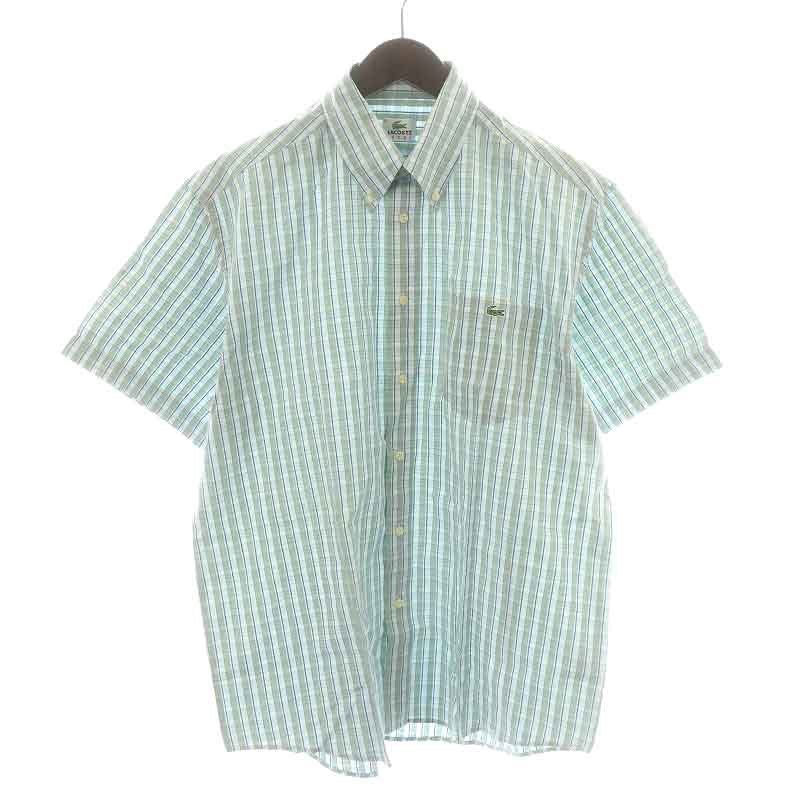 ラコステ LACOSTE SPORT ボタンダウンシャツ カジュアルシャツ 半袖 チェック ロゴ刺繍 4 M 緑 グリーン 白 ホワイト 青 ブルー_画像1