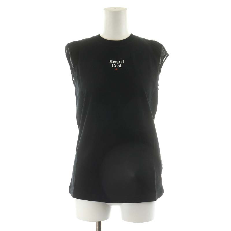 未使用品 ディースクエアード DSQUARED2 Cap Sleeves Cool Tee カットソー ノースリーブ ロゴ シルク 絹 XS 黒