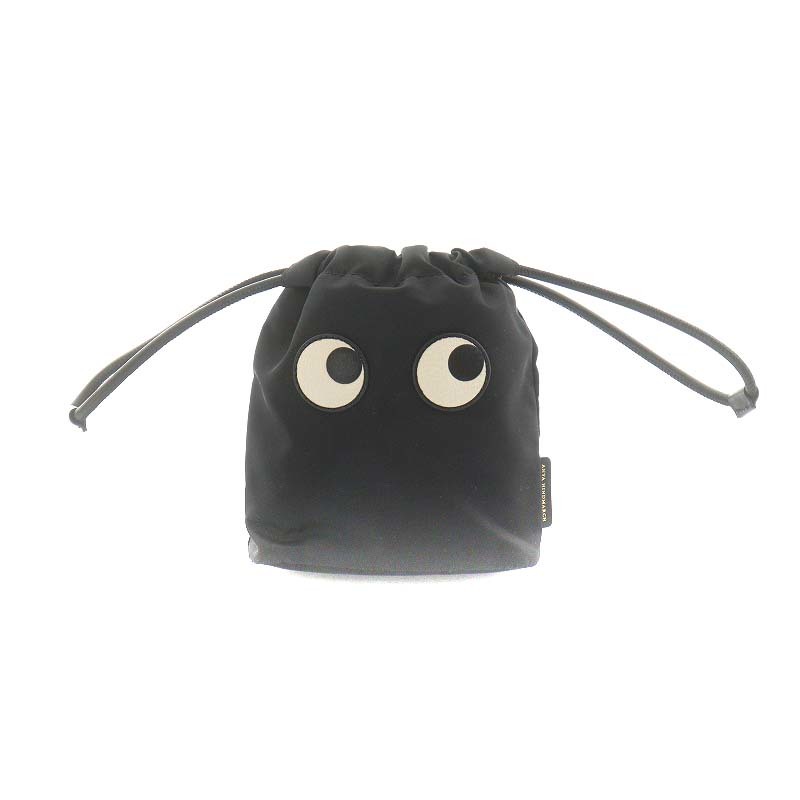 アニヤハインドマーチ ANYA HINDMARCH DRAWSTRING POUCH eyes 巾着 ポーチ ナイロン 黒 ブラック /AN7 レディース_画像1