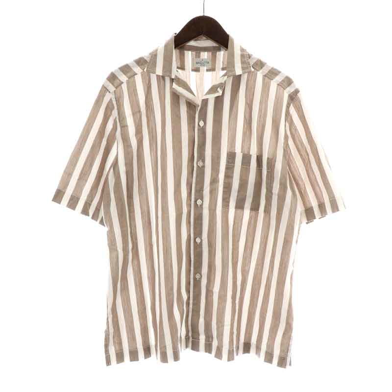 バグッタ Bagutta オープンカラーシャツ カジュアルシャツ ストライプ 半袖 42 L 茶 ブラウン 白 ホワイト /NW18 メンズ_画像1