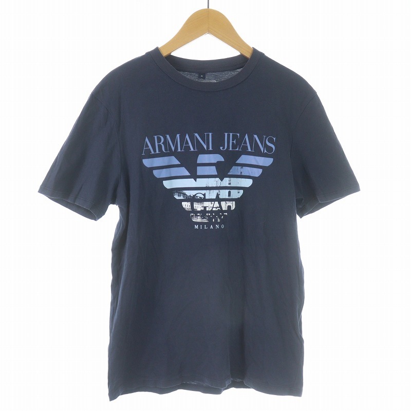 アルマーニ ジーンズ ARMANI JEANS Tシャツ カットソー クルーネック プルオーバー 半袖 ロゴ プリント XS 紺 青 3Y6T35 6JPFZ /SI47_画像1