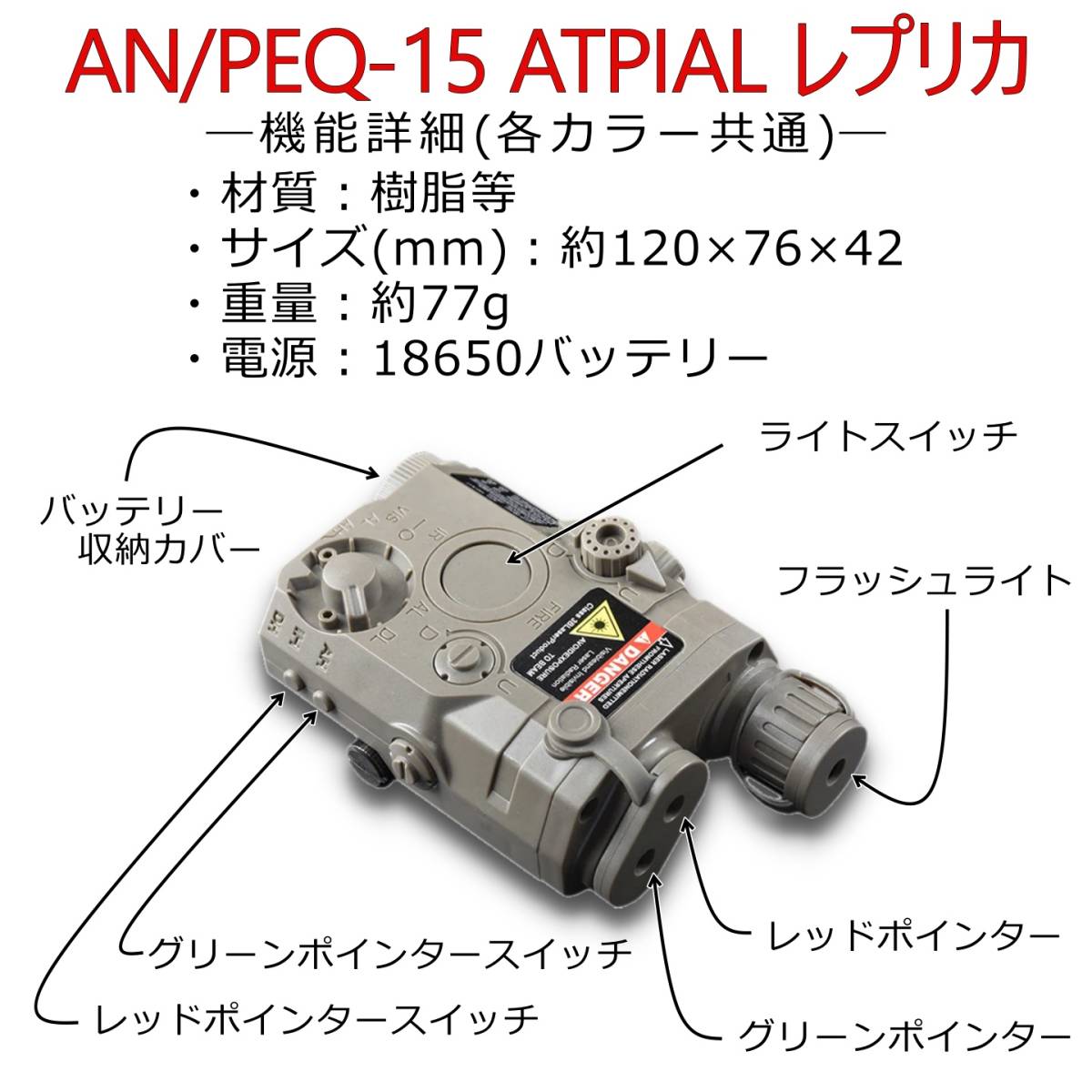 PEQ15タイプ タクティカルライト BK 20mmレイル対応 LEDフラッシュライト+レッドポインター+グリーンポインター 20mmレール用 【新品】_画像2