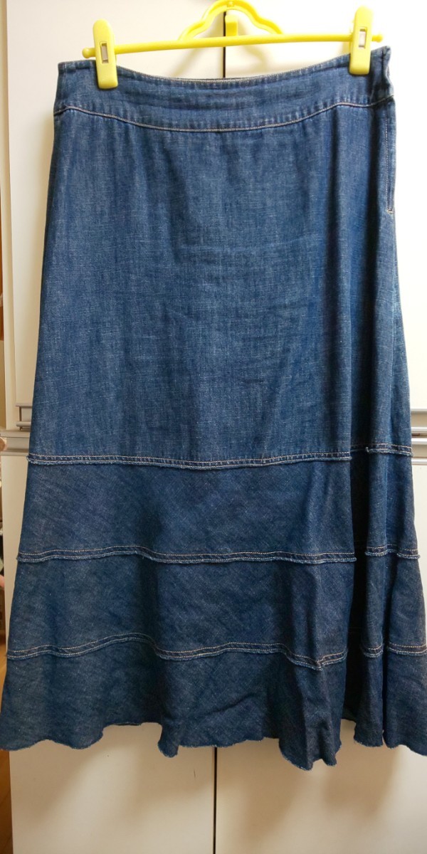 ローラアシュレイ LAURA ASHLEY スカート 麻×綿デニムスカート サイズ11 ロング丈 ４段ティアードスカート_画像1