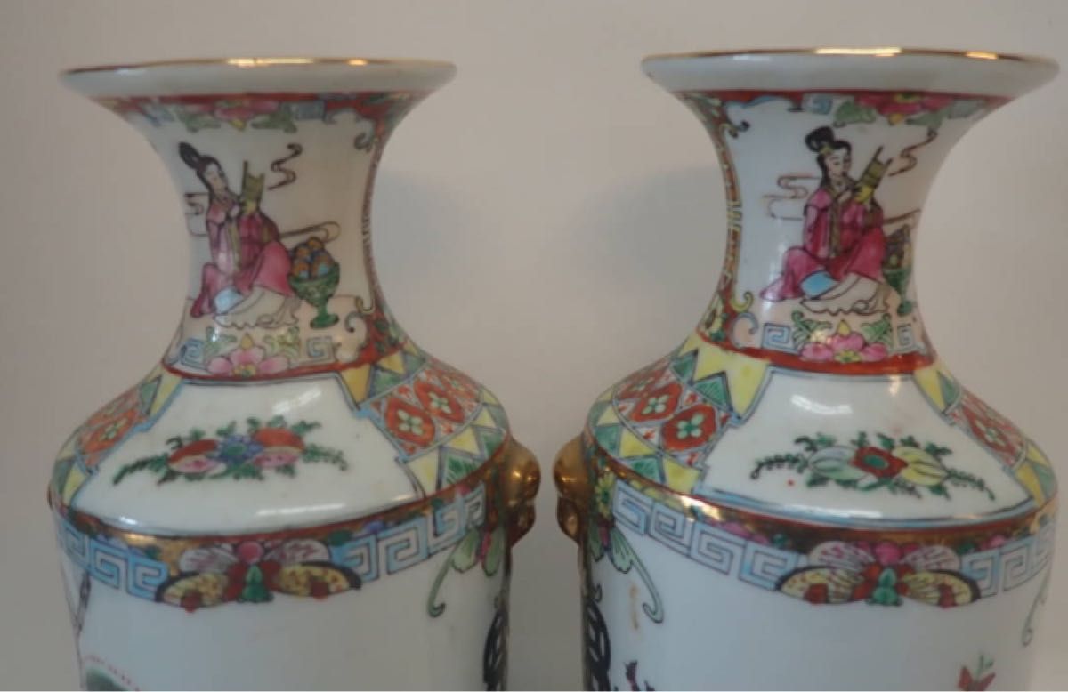 本日限定 H075 中国70年代 粉彩花瓶ペア 人物花鳥紋 陶磁器 本日限定 H075 中国70年代 粉彩花瓶ペア 人物花鳥紋 陶磁器