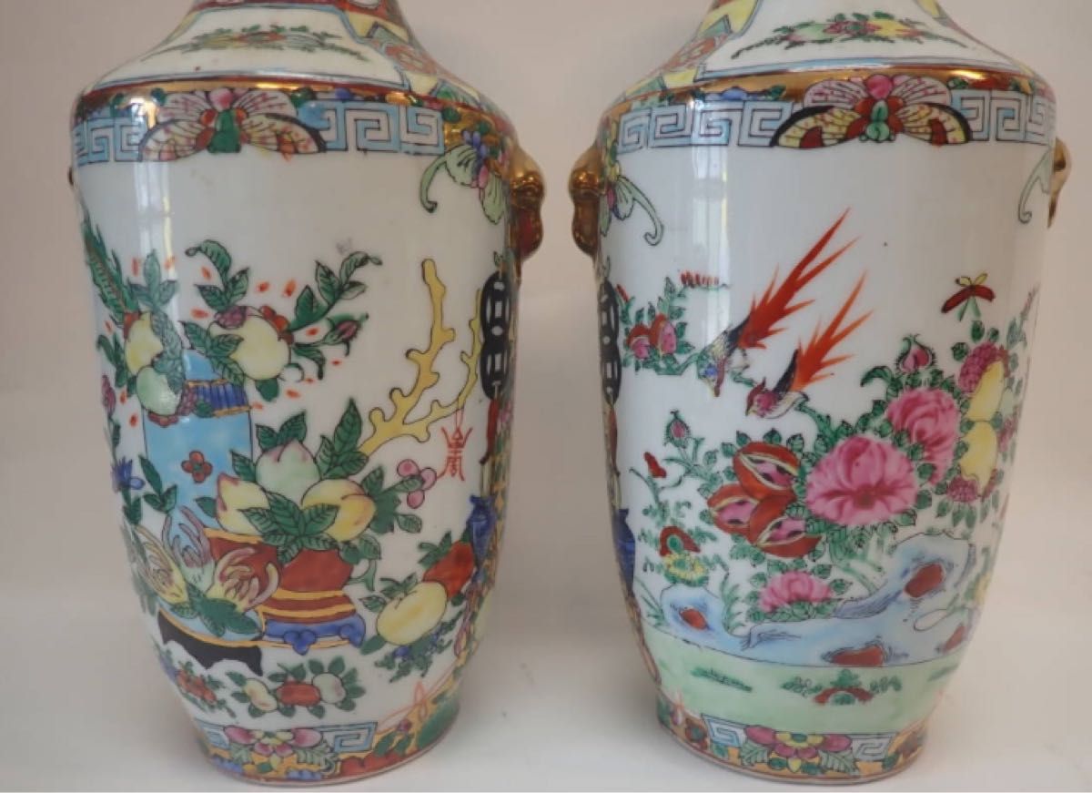 本日限定 H075 中国70年代 粉彩花瓶ペア 人物花鳥紋 陶磁器 本日限定 H075 中国70年代 粉彩花瓶ペア 人物花鳥紋 陶磁器