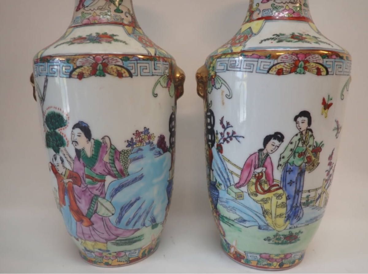 本日限定 H075 中国70年代 粉彩花瓶ペア 人物花鳥紋 陶磁器 本日限定 H075 中国70年代 粉彩花瓶ペア 人物花鳥紋 陶磁器