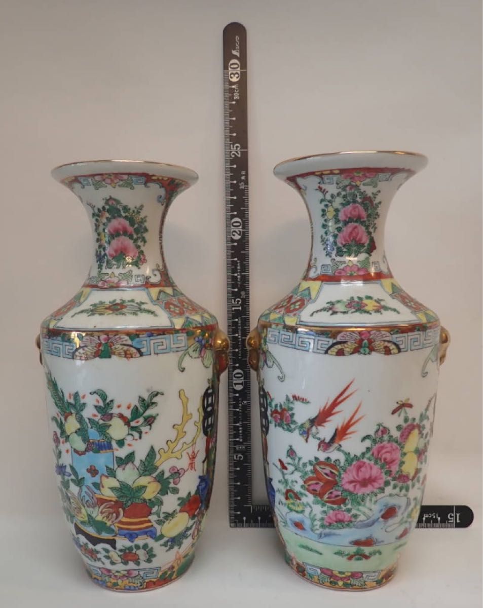 本日限定 H075 中国70年代 粉彩花瓶ペア 人物花鳥紋 陶磁器 本日限定 H075 中国70年代 粉彩花瓶ペア 人物花鳥紋 陶磁器