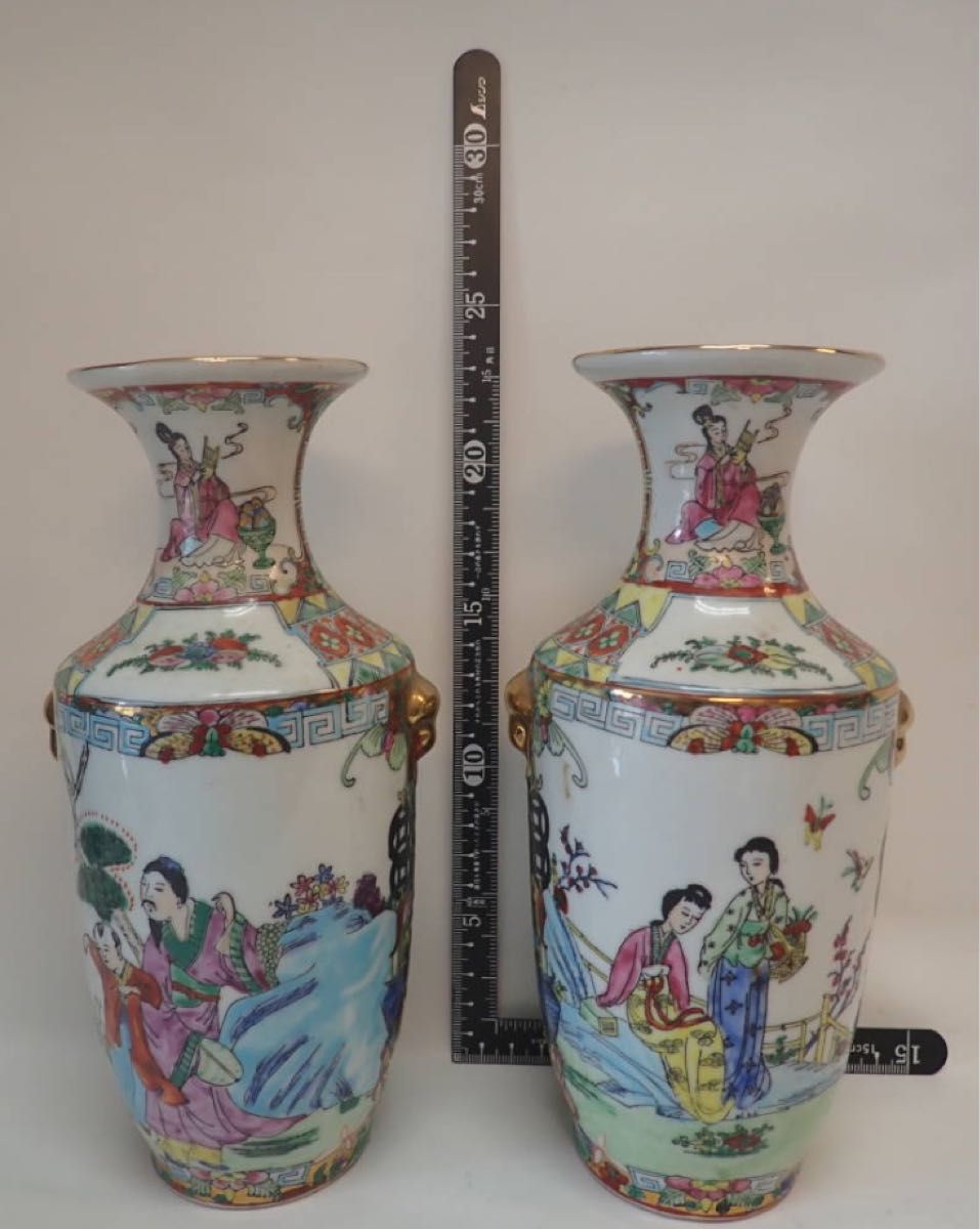 本日限定 H075 中国70年代 粉彩花瓶ペア 人物花鳥紋 陶磁器 本日限定 H075 中国70年代 粉彩花瓶ペア 人物花鳥紋 陶磁器