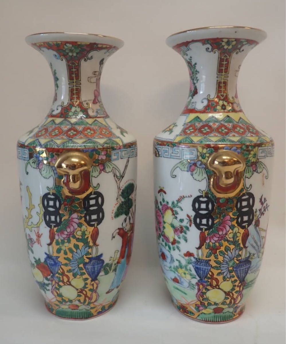 本日限定 H075 中国70年代 粉彩花瓶ペア 人物花鳥紋 陶磁器 本日限定 H075 中国70年代 粉彩花瓶ペア 人物花鳥紋 陶磁器