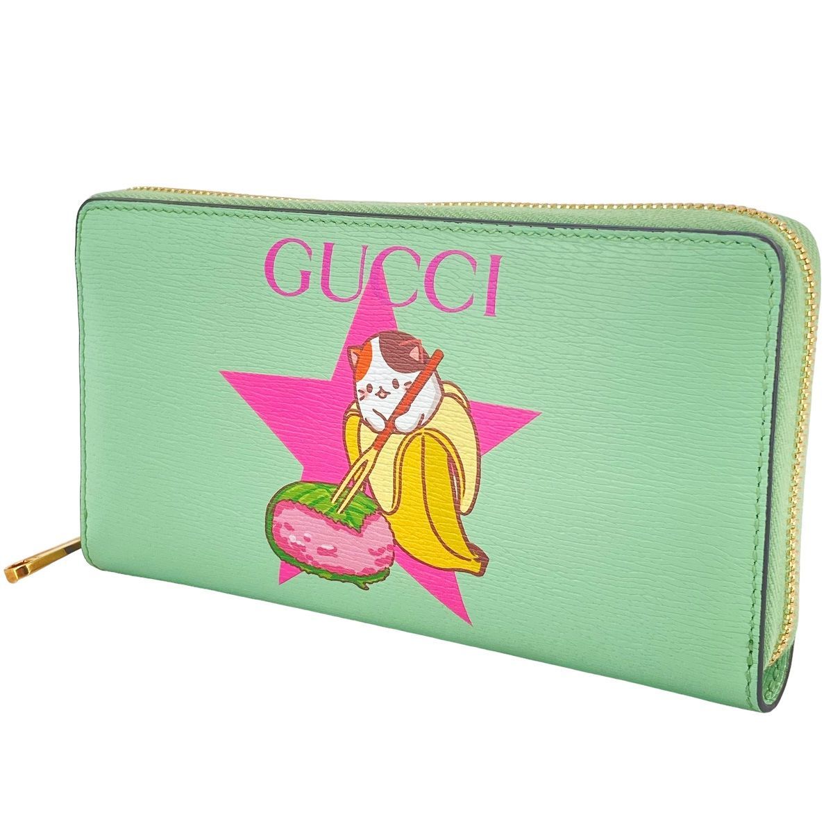 【中古】 GUCCI グッチ ジップアラウンドウォレット ばなにゃ コラボ レディース 701060 ラウンド長財布 グリーン 24000984 AS