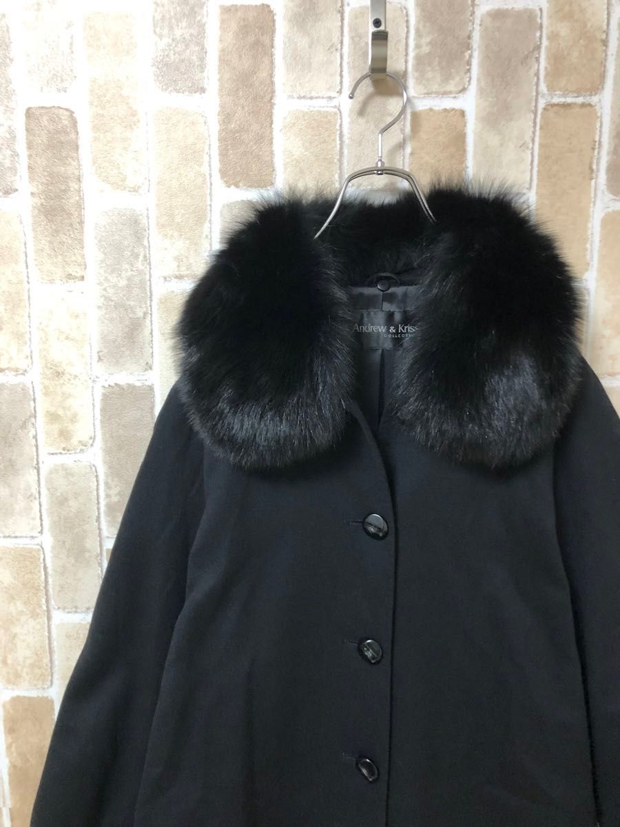【カシミヤ100%】ロングコート　ファー　フリーサイズ　 ブラック