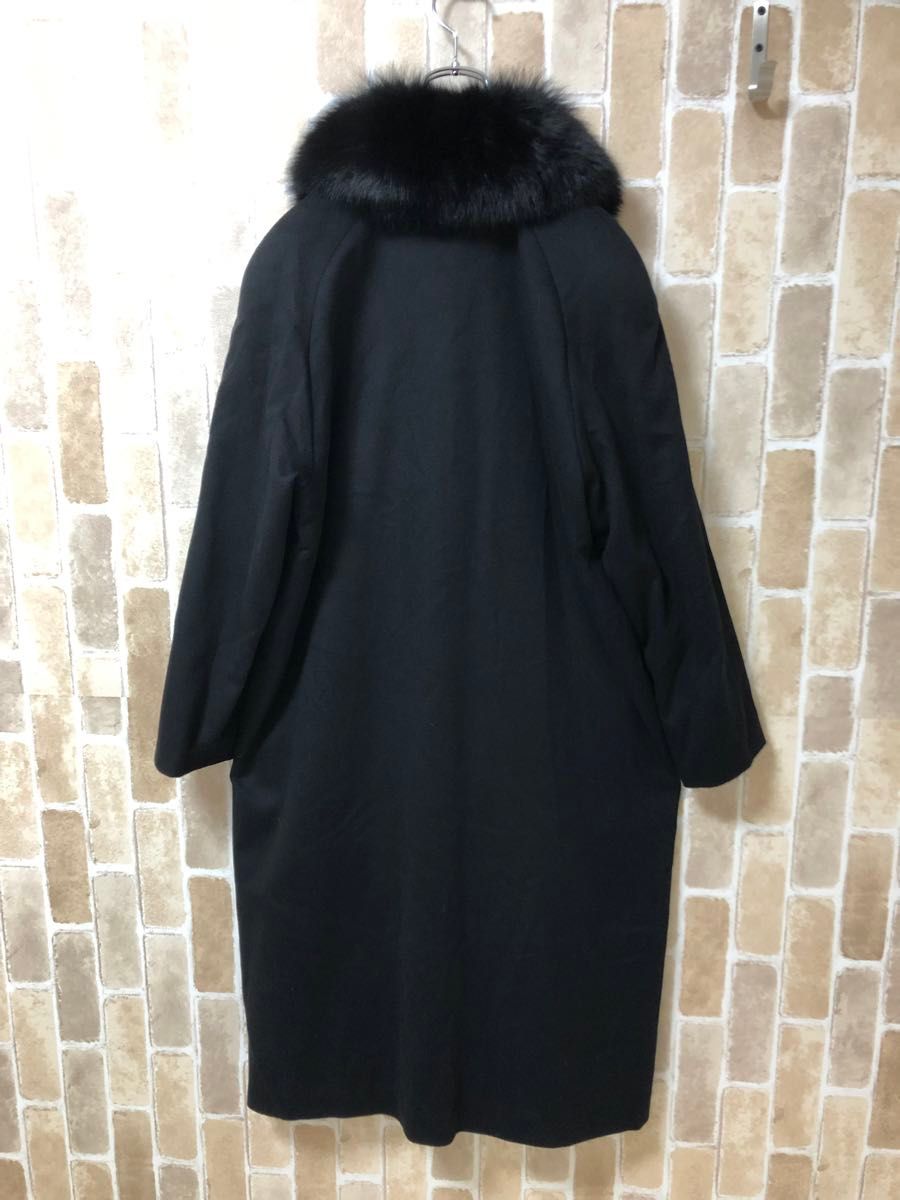 【カシミヤ100%】ロングコート　ファー　フリーサイズ　 ブラック