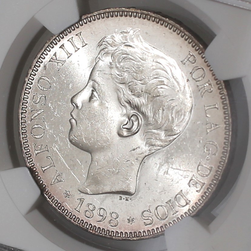 1898 スペイン 5ペセタ銀貨 アルフォンソ13世 NGC MS61 大型銀貨 アンティークコイン 投資 資産保全_画像6