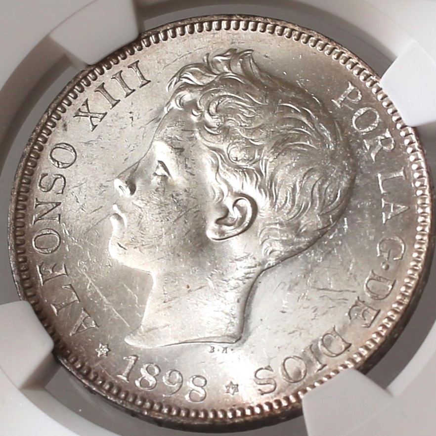 1898 スペイン 5ペセタ銀貨 アルフォンソ13世 NGC MS61 大型銀貨 アンティークコイン 投資 資産保全_画像1