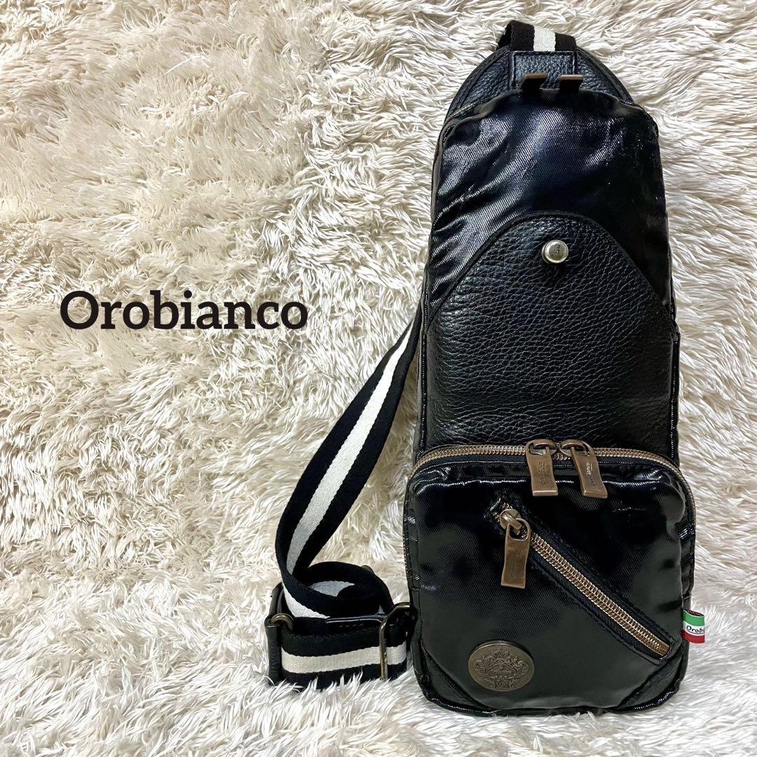 【Orobianco/オロビアンコ/良品】ボディバッグ【ショルダーバッグ/ゴールド金具/エナメル/本革/ブラック/斜めがけ/肩掛け/メンズ】の画像1