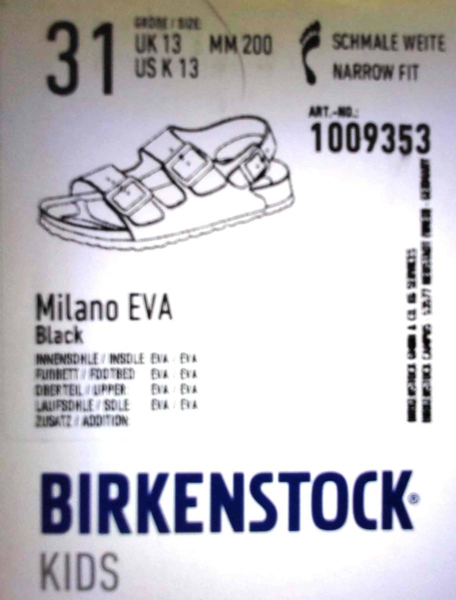 BIRKENSTOCK MILLANO KIDS EVA BLACK Narrow(幅狭）31/20㎝相当　軽量＆疲れにくい3Dフットベッド_画像1
