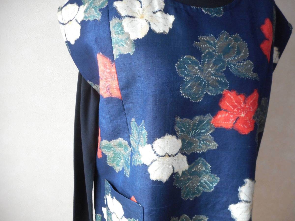  кимоно переделка ## эпонж French рукав туника # темно-синий земля . цветок 