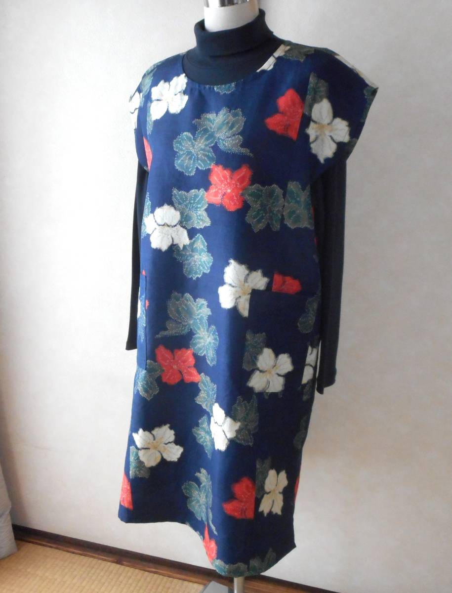 кимоно переделка ## эпонж French рукав туника # темно-синий земля . цветок 
