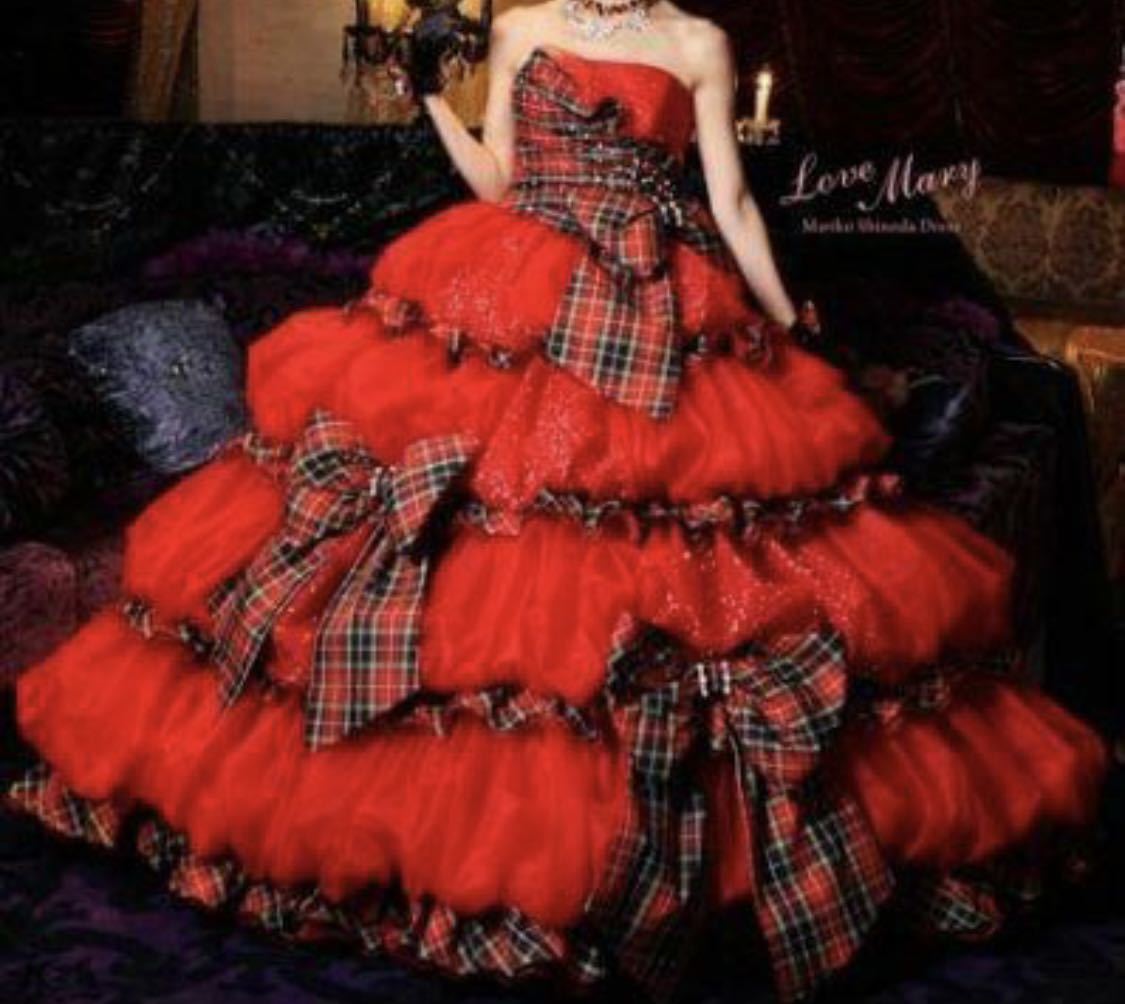 赤タータンチェック　リボン　ウエディングドレス　カラードレス　7-11号