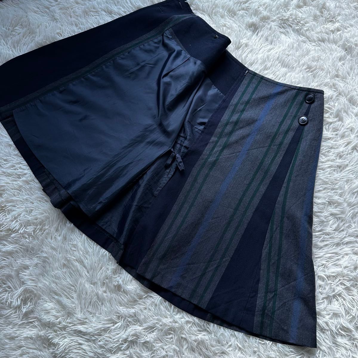 ヨークランド　巻きスカート　膝下スカート　ストライプ　ウール　7AR 日本製　上品