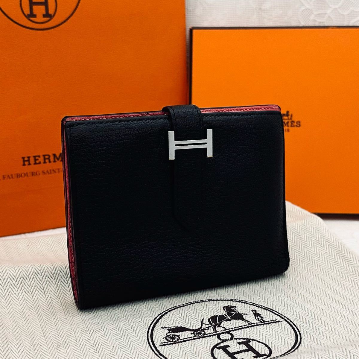 HERMES エルメス 折財布 ベアン コンパクト バイカラー ブラック HERMES エルメス 折財布 ベアン コンパクト バイカラー ブラック