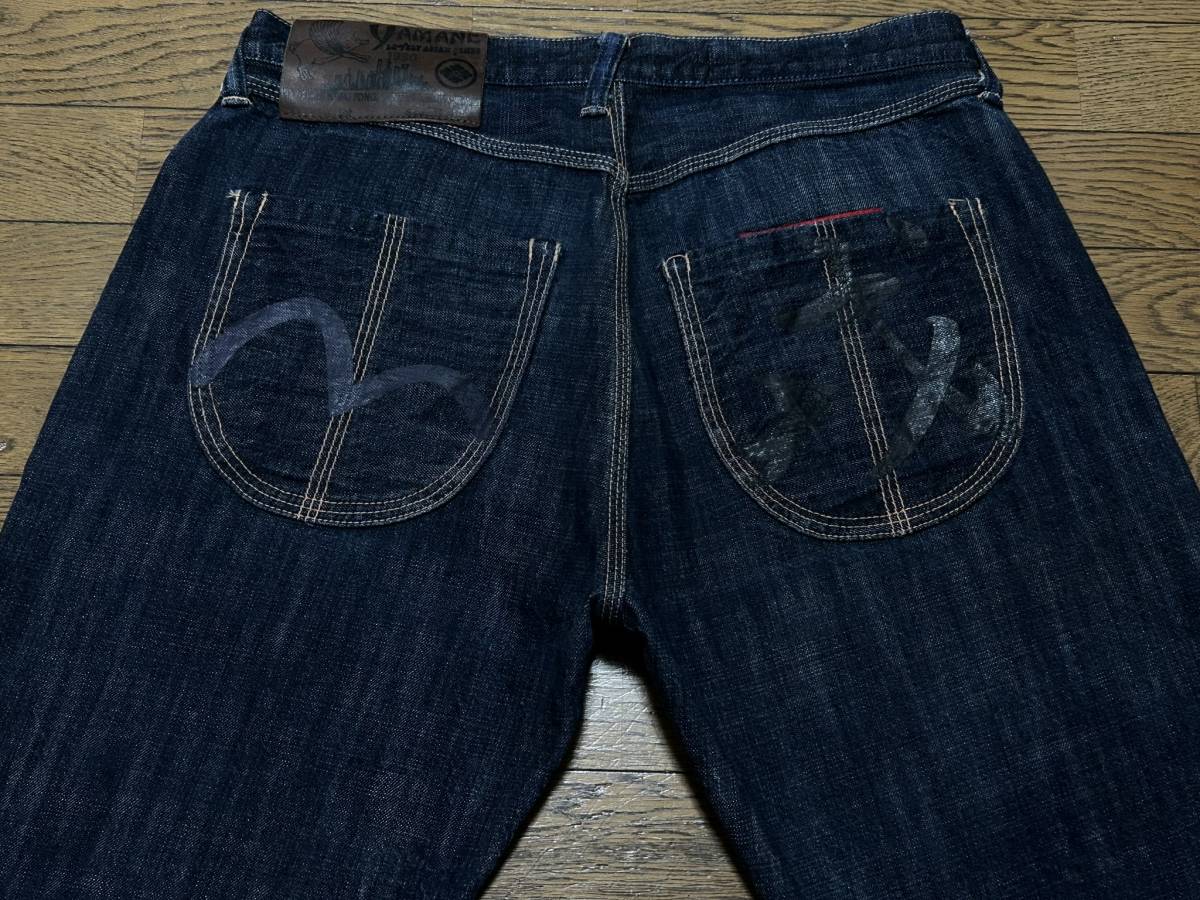 ※YAMANE ヤマネ LOT 1930 カモメ＆戎ブラックペイント セルビッチデニムパンツ EVISU エヴィス エビス 濃紺 大きいサイズ 35 BJBD.A_画像3