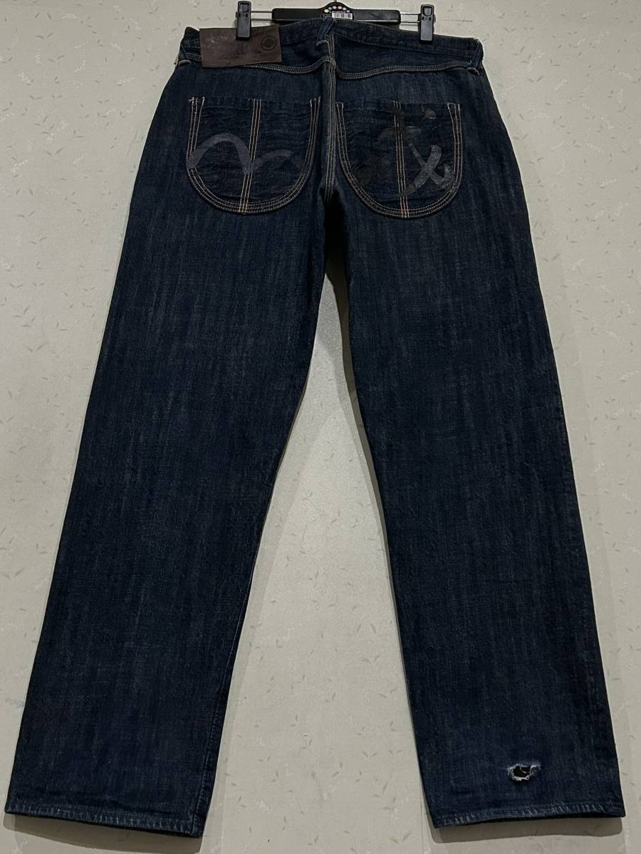 ※YAMANE ヤマネ LOT 1930 カモメ＆戎ブラックペイント セルビッチデニムパンツ EVISU エヴィス エビス 濃紺 大きいサイズ 35 BJBD.A_画像1