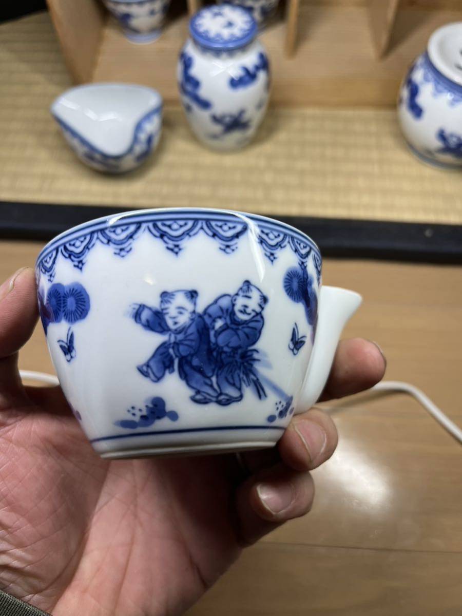 煎茶道具　煎茶揃い　セット　染付　在銘　唐子図　宝瓶　茶器 急須 _画像3