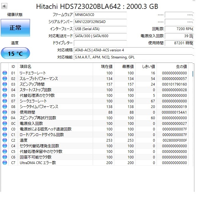 2台set♪【正常/動作確認済】HITACHI HDS723020BLA642 3.5 S-ATA(SATA) 2TB（2000GB）×2 計4TB ハードディスク HDD_画像3