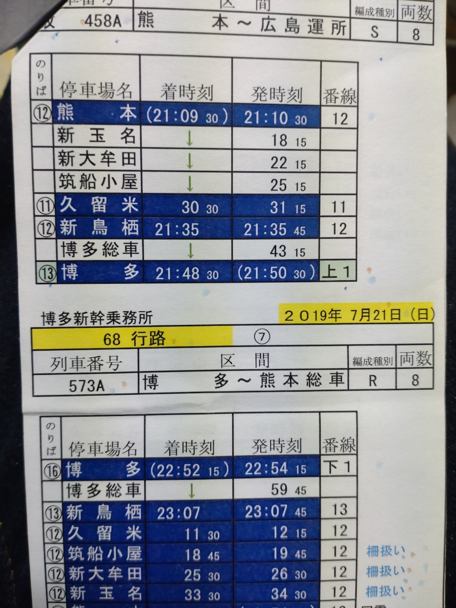 JR九州 博多新幹線乗務所 車掌スタフ 68行路 行路揃い 九州 JR九州 博多新幹線乗務所 車掌スタフ 68行路 行路揃い 九州