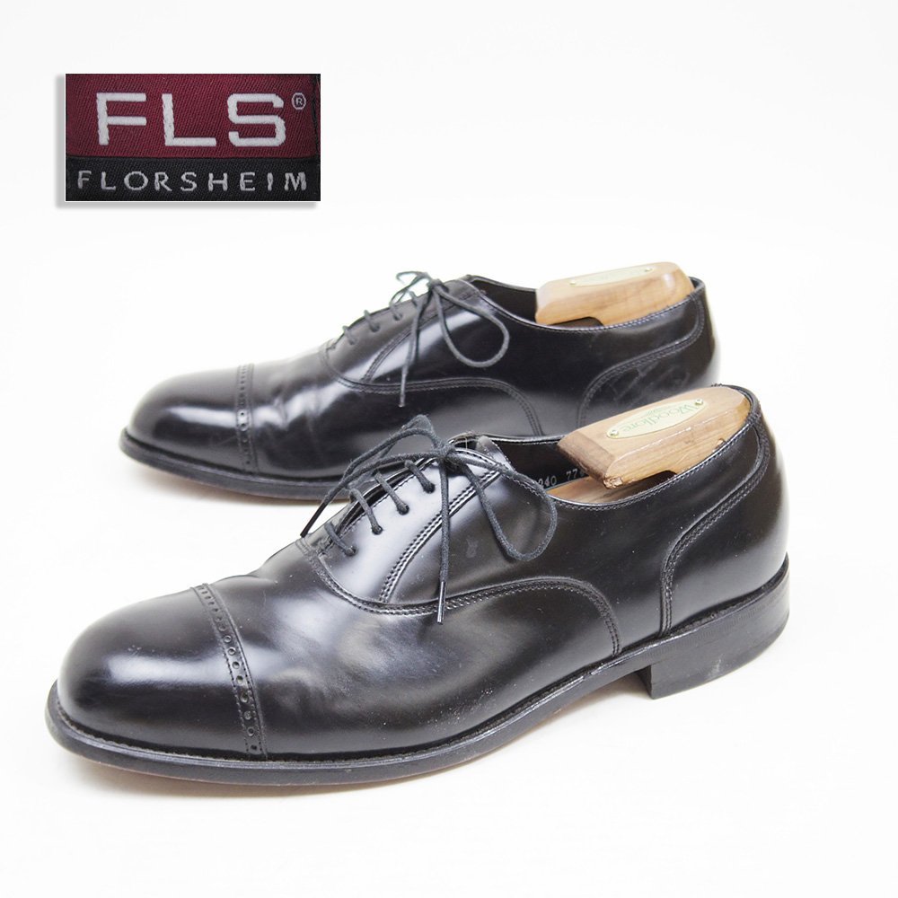 9-1/2 D表記　Florsheim フローシャイム　ストレートチップ　キャップトゥ　革靴　レザー　ドレスシューズ　ブラック　黒　24.1.11/U9877_画像1