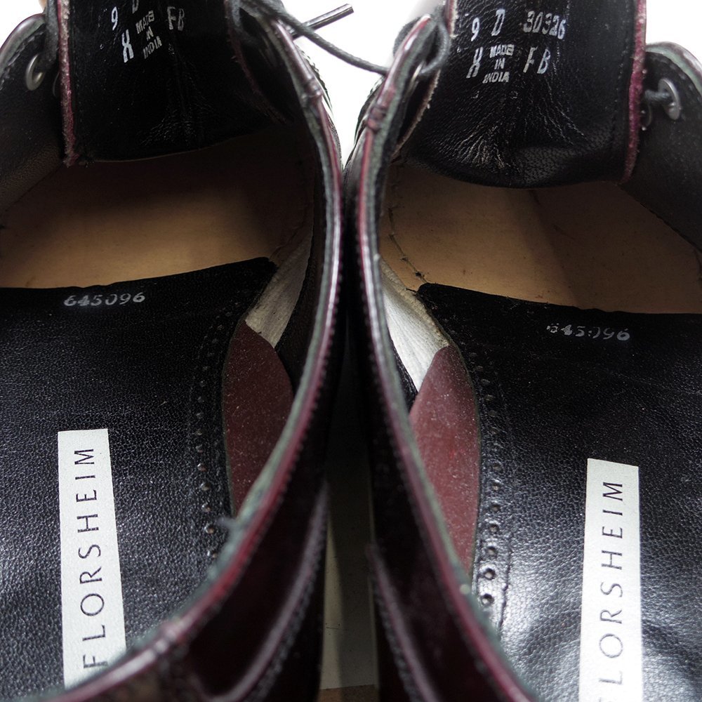 9D表記　Florsheim フローシャイム　ストレートチップ　キャップトゥ　革靴　レザー　ドレスシューズ　バーガンディ　24.1.15/U9906_画像9