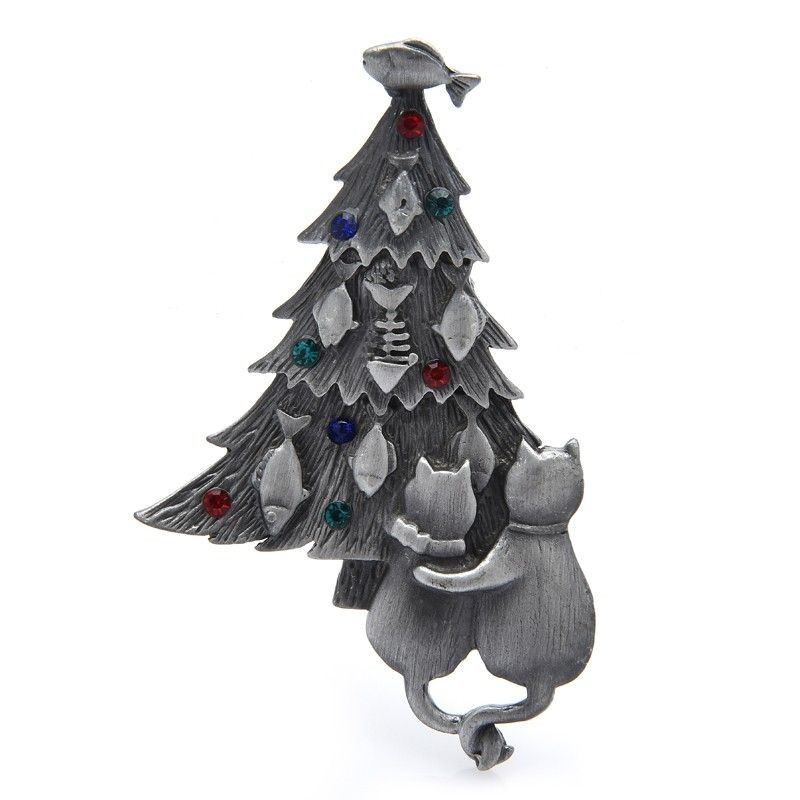 ②ツリー クリスマス 猫 ブローチ プレゼント ねこ ネコ 魚 シルバー 銀