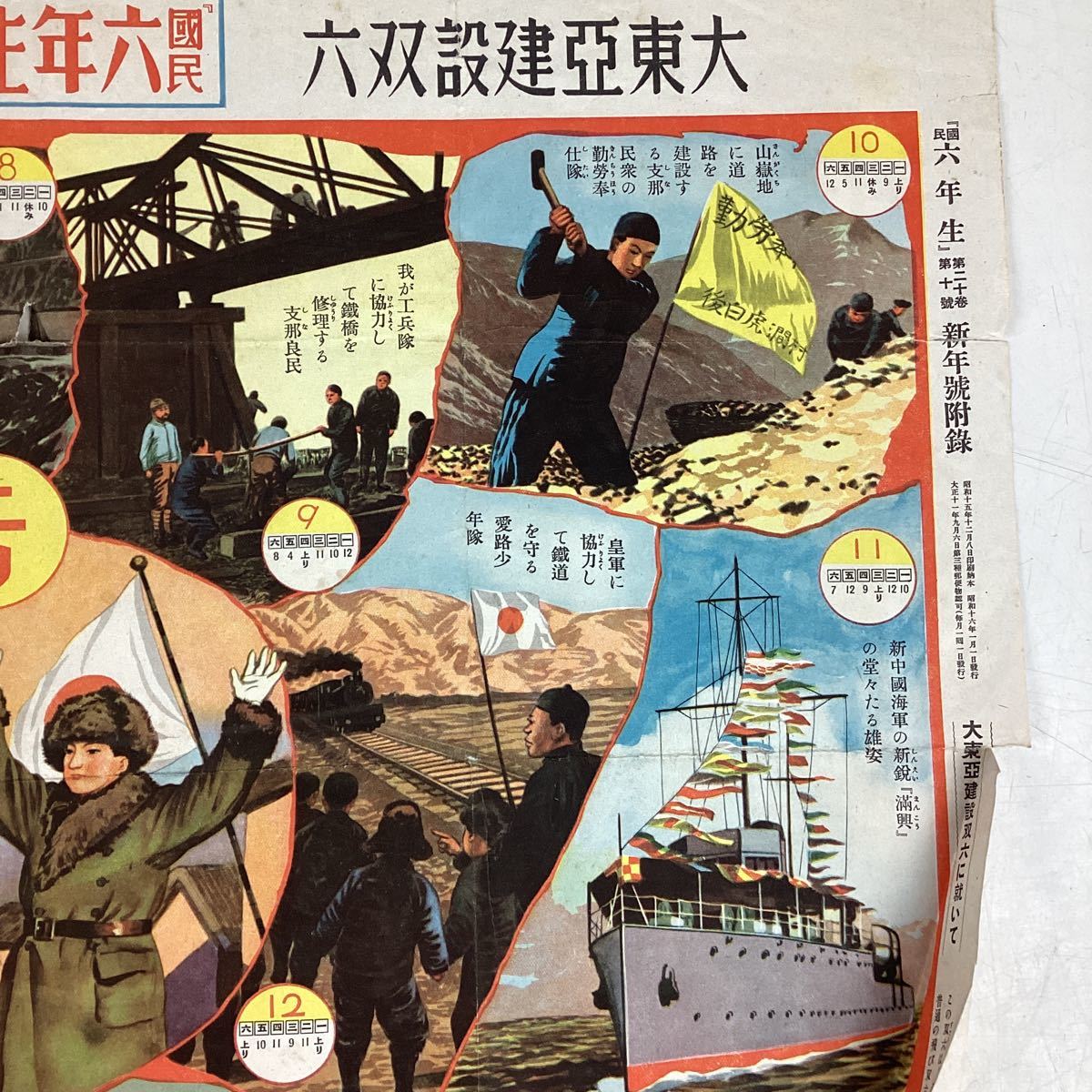 o1419 大東亜建設双六 伊藤幾久造画「国民六年生」附録 小学館 昭和16年 戦前 当時物 昭和レトロ 中古_画像4