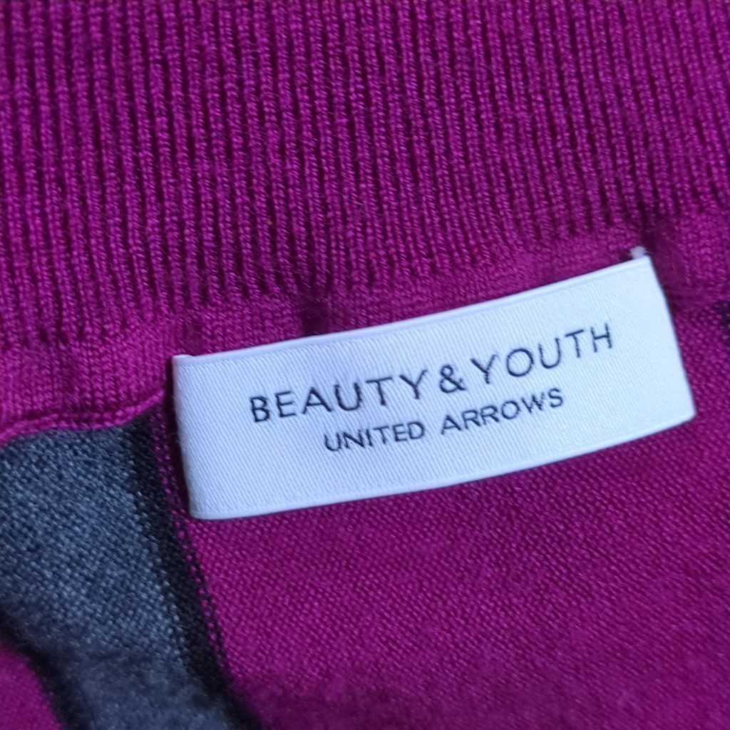 F9321AL ユナイテッドアローズ BEAUTY&YOUTH ビューティーアンドユース M～L位 Vネック ニットセーター パープル×グレー レディース_画像4