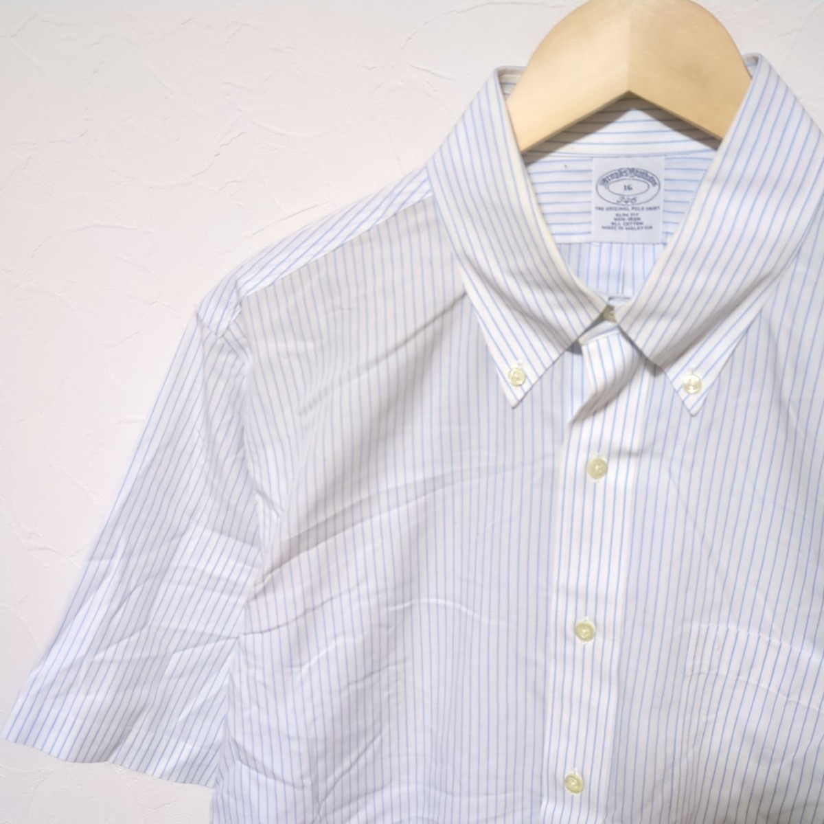 F9376AL Brooks Brothers ブルックスブラザーズ USAサイズ6 (XL位) 半袖シャツ ボタンダウン Yシャツ ホワイト×ブルー ストライプ 綿100%_画像3