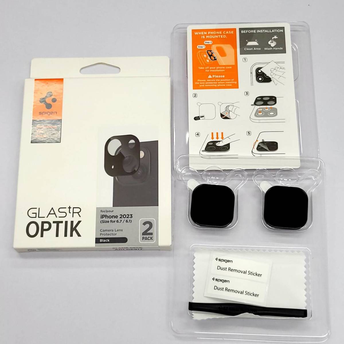 ★【在庫処分価格】Spigen Glas.tR Optik iPhone 15, 15 Plus,14, 14 Plus 用 カメラ レンズ ブラック 2枚入 AGL06917☆C01-268a_画像1