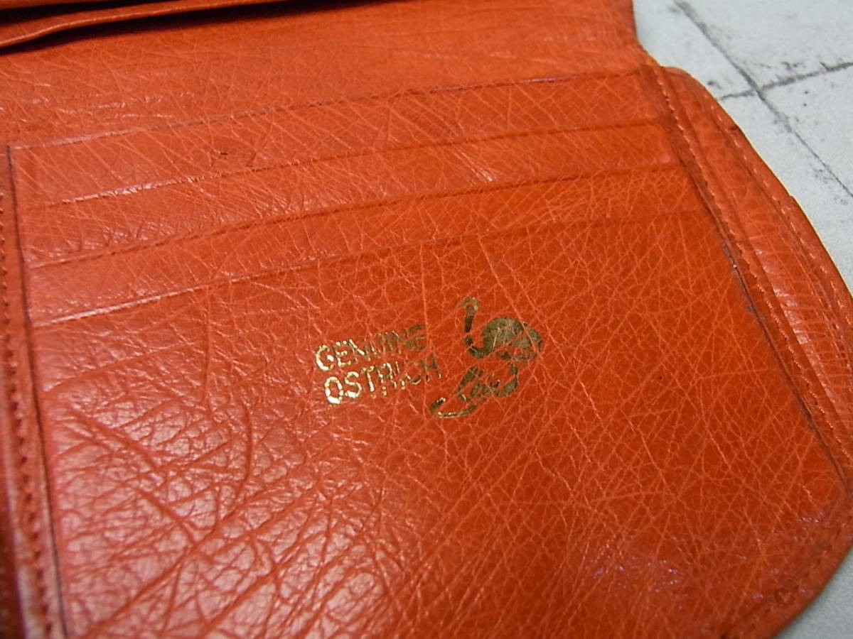 オーストリッチ 二つ折り財布 レッド/赤 USEDの画像8