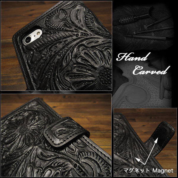 iPhone 13pro Max iPhone case smartphone case notebook type leather case Carving hand made saddle leather black black magnet 