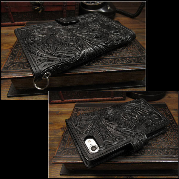 iPhone 13pro Max iPhone case smartphone case notebook type leather case Carving hand made saddle leather black black magnet 