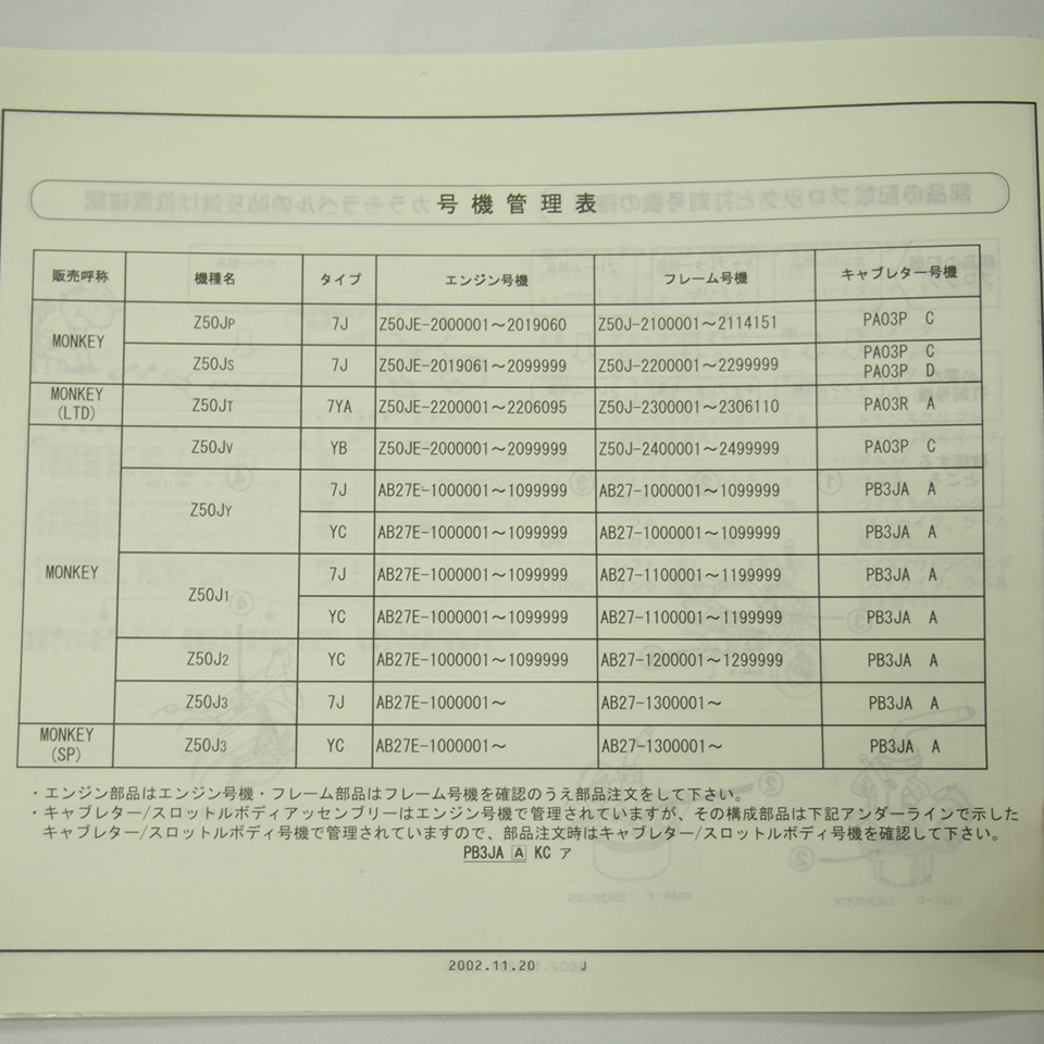 9版モンキー/LTD/SPパーツリストZ50J-210～240/AB27-100～130平成14年11月発行Z50J-P～Z50J-3/MONKEYの画像3